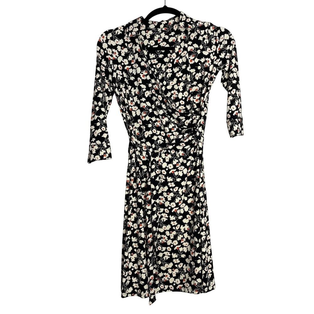 Talbots Floral Wrap A-Line Dress VN784 black white orange